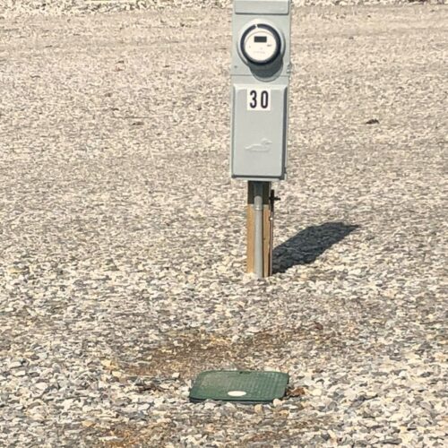 50-amp electric and water hookup at RV site, Mountain Home RV Park