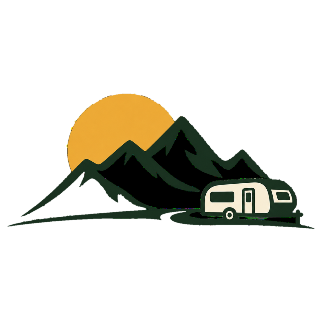 Illustration of mountains, sun, and a travel trailer at Mountain Home RV Park
